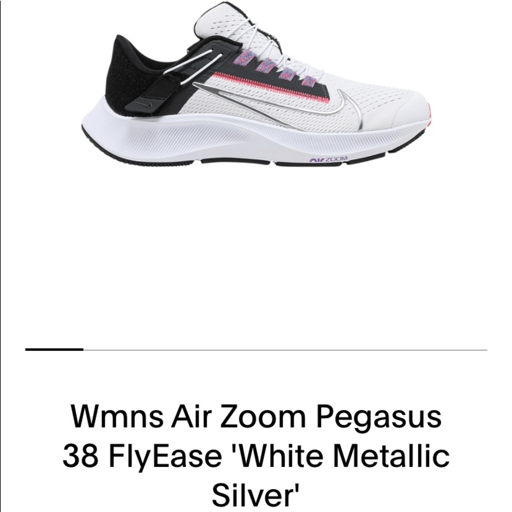 Women’s Nike Air Zoom Pegasus 38 FlyEase ‘White Metallic Silver’ Size 9